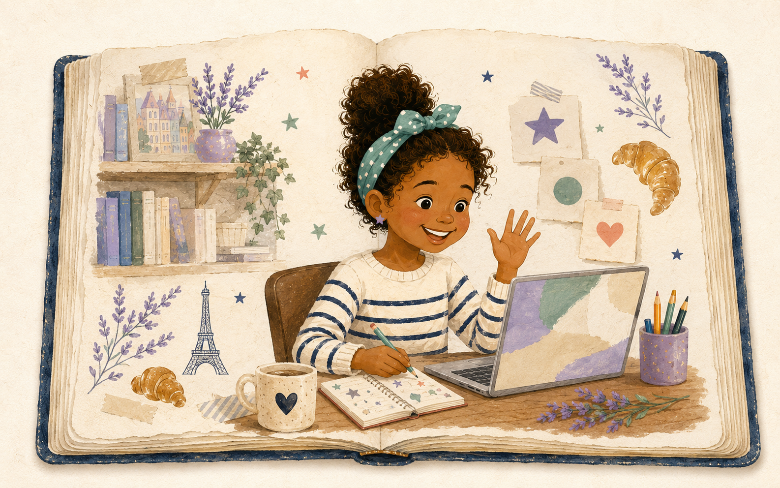 A child enjoying an online French lesson in a whimsical storybook scene